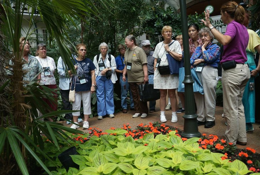 Another group and guide discussing the history of the gardens