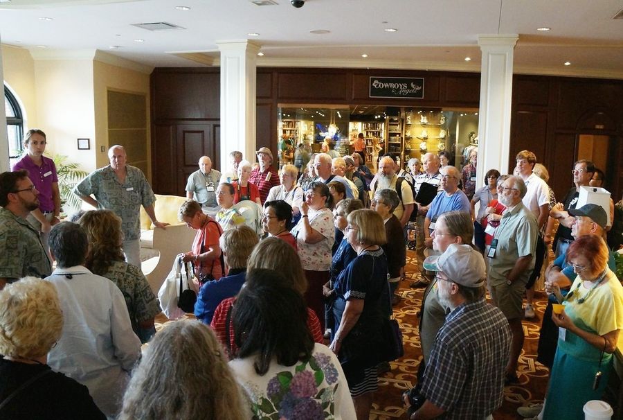 Group meeting the tour guides in the Opryland Hotel lobby